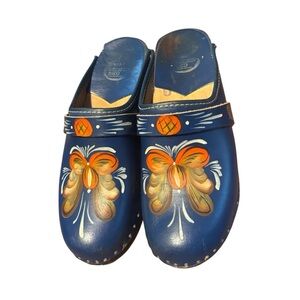 Vintage Swedish Wooden Painted Clogs Blue Leather‎ Floral Size 37